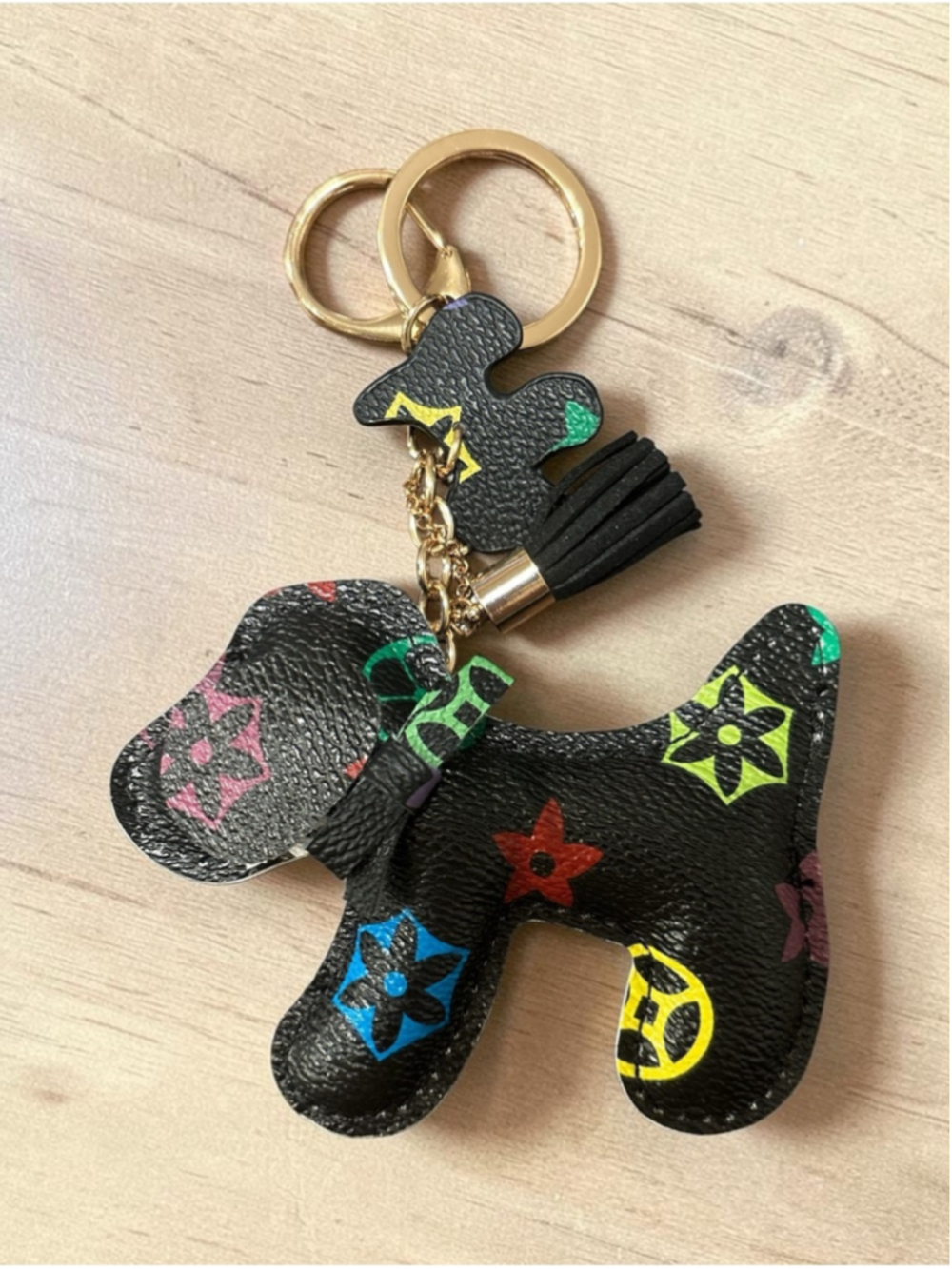 Black Multicolor Dog Bag Charm Keychain Tassel Gold Tone